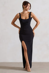 Black Square Neck Maxi Dress with Plunge Back and Side Thigh Split